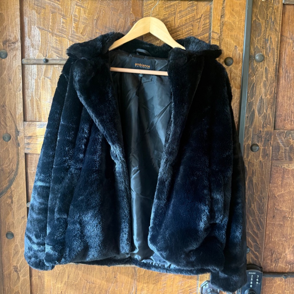 Ambiance Faux Fur Jacket Womens Medium Black Glam Notched Collar Plush Coat Luxe